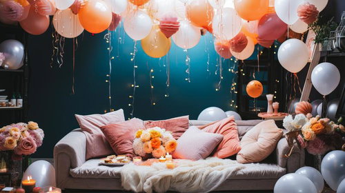 バルーンと花で彩るホームパーティー感あるリビング