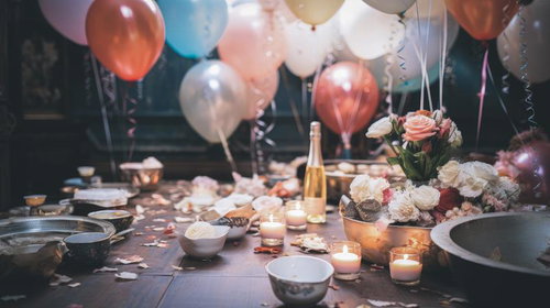 リビングで楽しむシャンパンとバルーンの宴会装飾