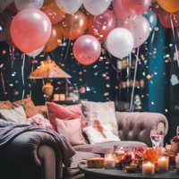 カラフルな風船と炎が灯るキャンドルに飾られたパーティー会場のリビングの写真