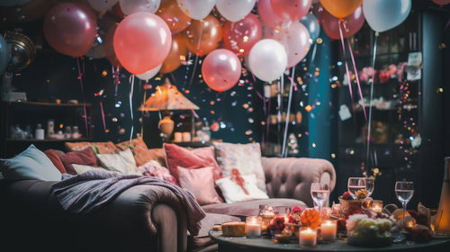カラフルな風船と炎が灯るキャンドルに飾られたパーティー会場のリビング