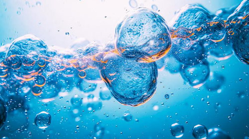 培養液の怪しい気泡が浮遊する様子、オレンジ色に輝く泡の顕微鏡