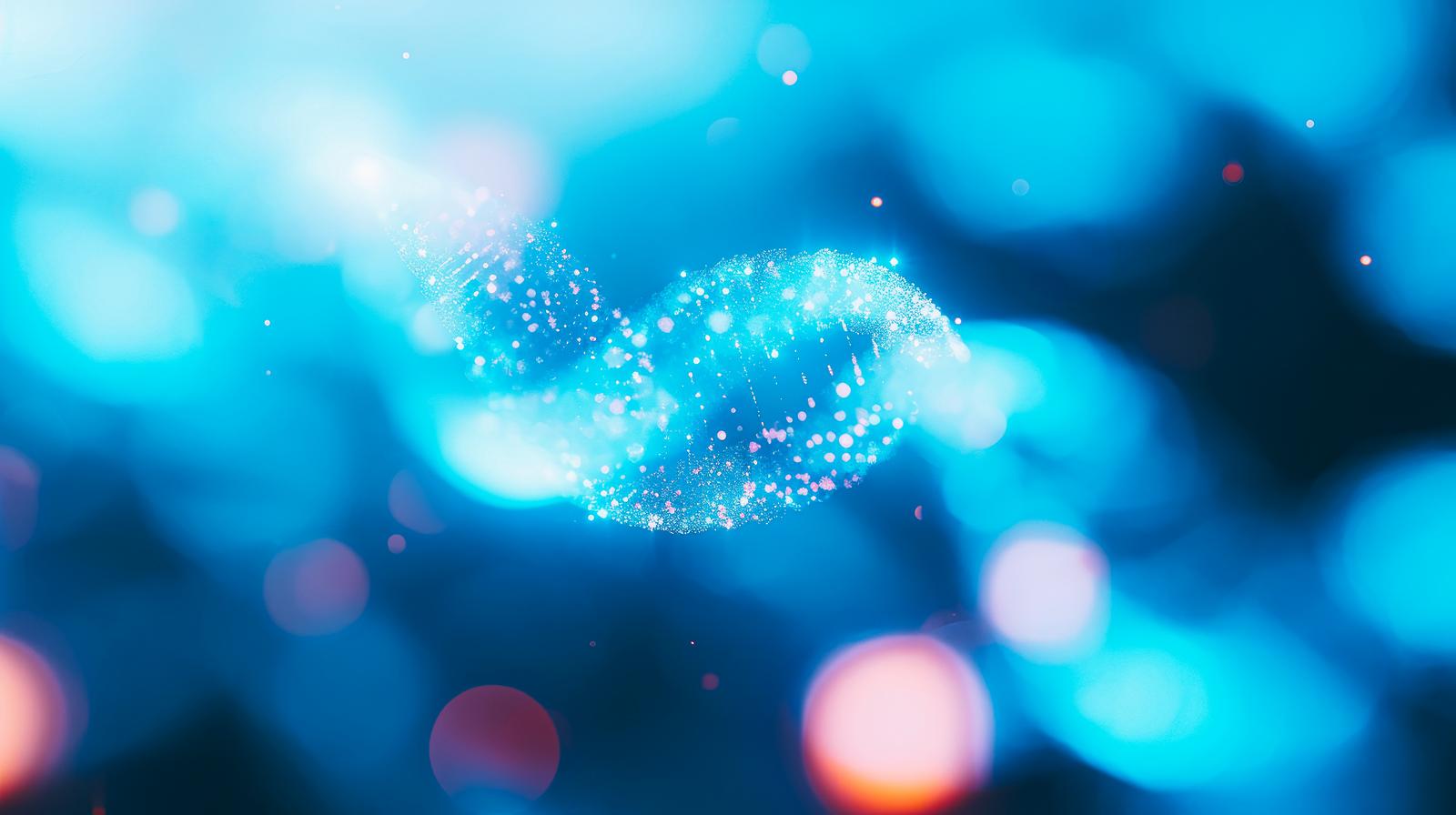 青く光るらせん状のDNA二重螺旋と粒子が流動する科学イメージ