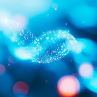 青く光るらせん状のDNA二重螺旋構造と粒子光の遺伝子のAI画像