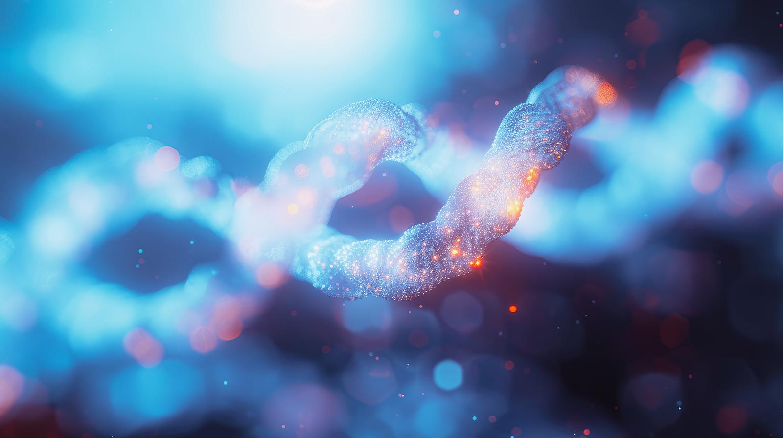 光の粒子で表現された青白く発光するDNA二重螺旋構造