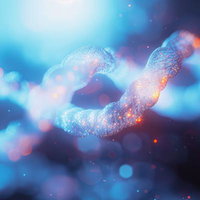 光る螺旋状のDNA二重螺旋構造の発光粒子の写真