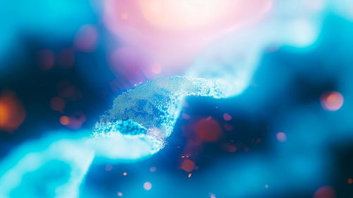 青く光り輝く螺旋構造の染色体風遺伝子とDNA分子モデル