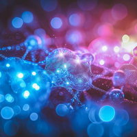 電気信号が走るシナプス風の神経細胞とDNA構造の写真