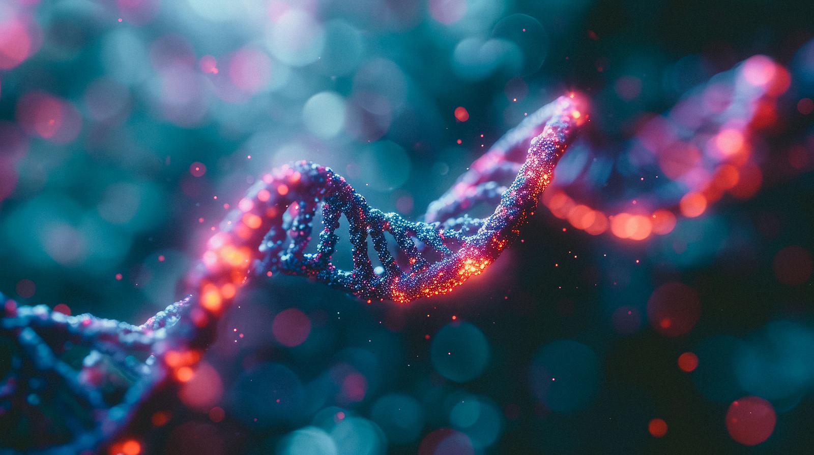 ピンクとオレンジの光が点在する青緑背景の立体的なDNA螺旋