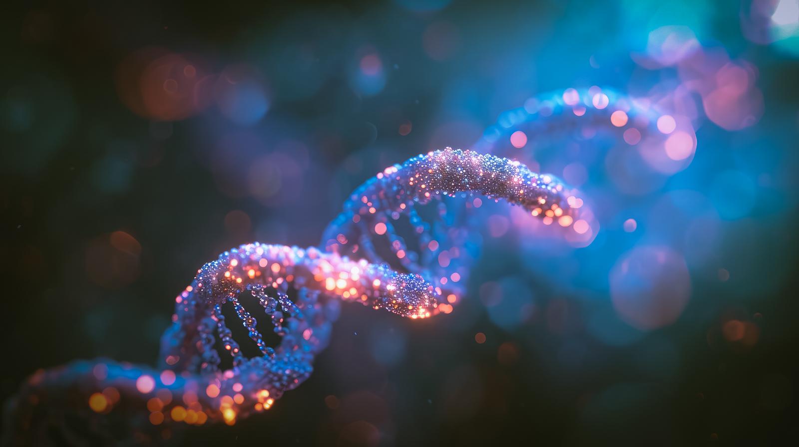 青と金色に発光する螺旋状の染色体風の構造、粒子が集まる様子