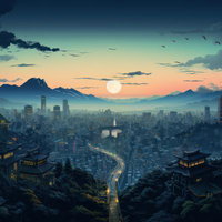 和ぽい町並みと未来都市の夕焼け景観、オレンジ色の空と青い雲の写真