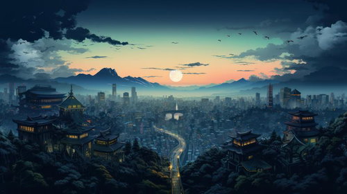 和ぽい町並みと未来都市の夕焼け景観、オレンジ色の空と青い雲