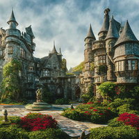 塔と花々が彩る中庭の見える城の庭園風景、石造建築の壮大な空間の写真