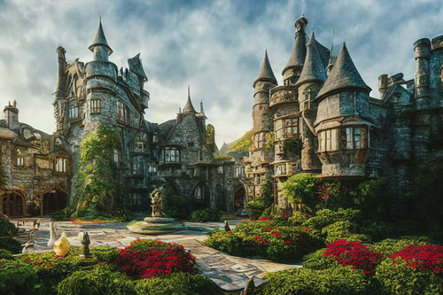 塔と花々が彩る中庭の見える城の庭園風景、石造建築の壮大な空間