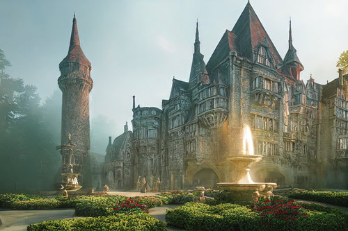 石造りの城と中庭の噴水、ゴシック建築の尖塔と整形庭園