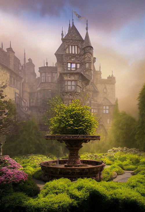 霧の中庭に佇む古城と噴水、石造りの尖塔が幾つも立ち並ぶファンタジー風景