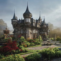 霧の中に佇む城館と中庭の庭園景観、赤い花が咲く石造建築の写真