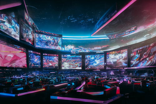 巨大モニターが立ち並ぶeスポーツ大会の会場