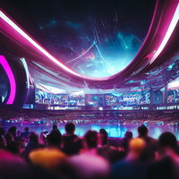 eスポーツ大会のアリーナ（ネオン演出）の写真