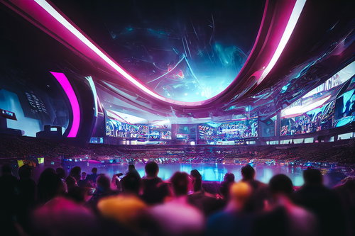 eスポーツ大会のアリーナ（ネオン演出）