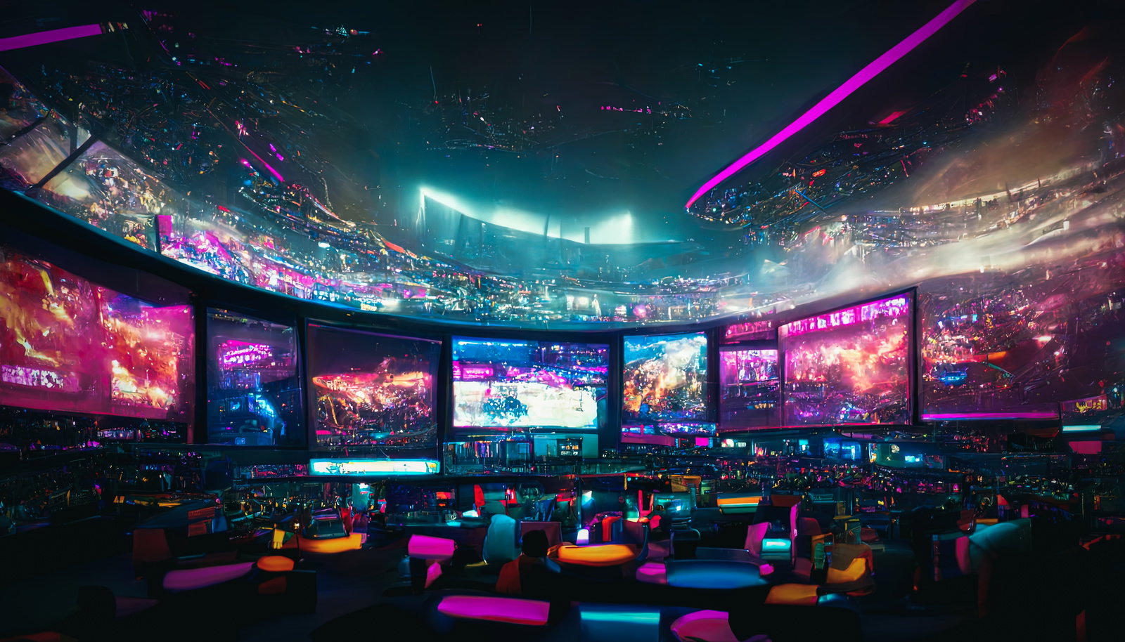 紫とピンクのネオンライトが光るeスポーツ大会風の会場ステージ