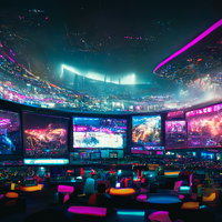 巨大モニターと映し出されるeスポーツ大会の写真