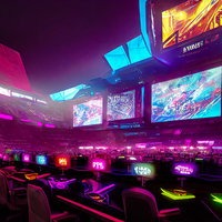 eスポーツ大会のサイバーパンク感ある席と巨大モニターの写真