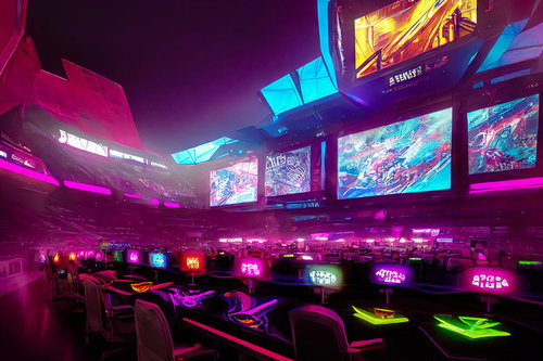 eスポーツ大会のサイバーパンク感ある席と巨大モニター