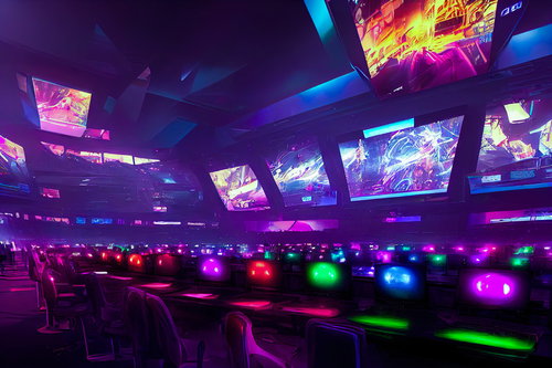 大型モニターが設営されたサイバーパンク風eスポーツ会場