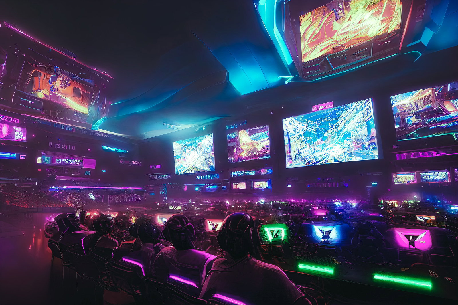 ネオンライトに照らされたeスポーツ大会のステージでプレイするゲーマー達