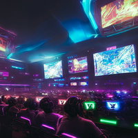 ネオンライトに彩られたeスポーツ大会に参加するプロゲーマー達の写真