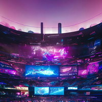 eスポーツの大会会場（サイバーパンク風アリーナ）の写真