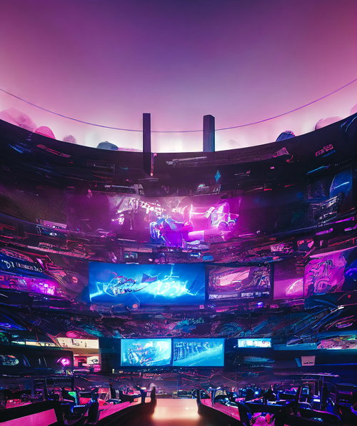 eスポーツの大会会場（サイバーパンク風アリーナ）