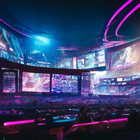 紫とブルーのネオンで照らされたeスポーツ会場風の巨大モニターと観戦ステージの写真