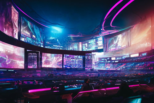 紫とブルーのネオンで照らされたeスポーツ会場風の巨大モニターと観戦ステージ