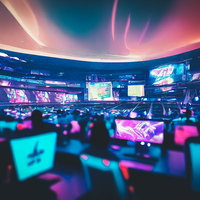 eスポーツ大会のゲーミング空間とディスプレイに集う観客の写真