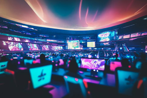 eスポーツ大会のゲーミング空間とディスプレイに集う観客