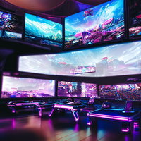 紫と青のネオンで彩るサイバー感あるeスポーツブースの写真
