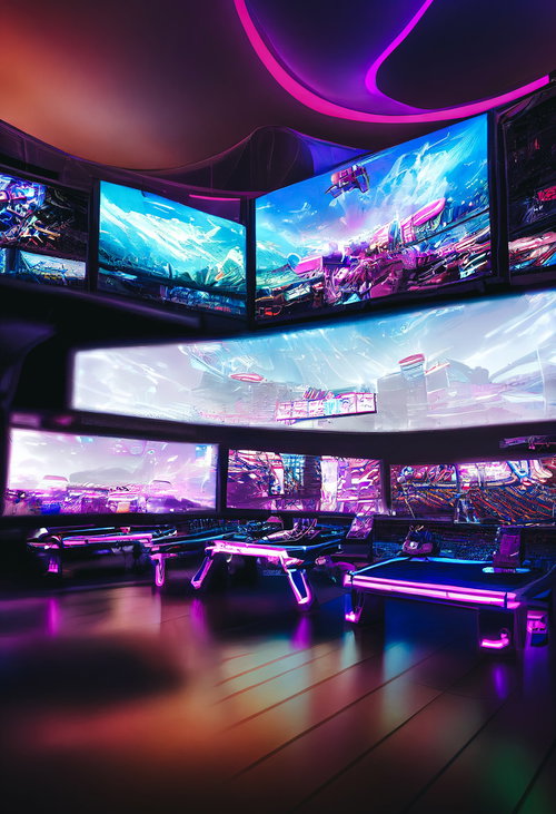 紫と青のネオンで彩るサイバー感あるeスポーツブース