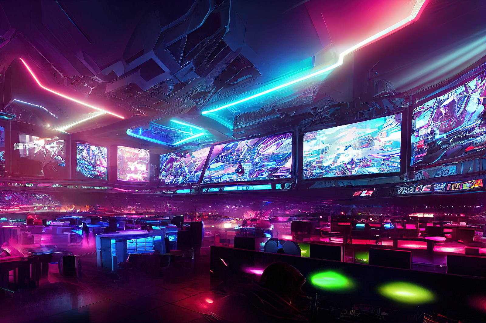 ネオンライトが光るeスポーツ会場と大型スクリーン