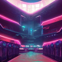 サイバー感ある近未来の施設・ネオン廊下の通路の写真