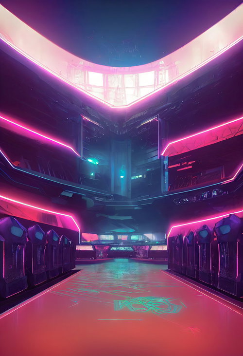 サイバー感ある近未来の施設・ネオン廊下の通路