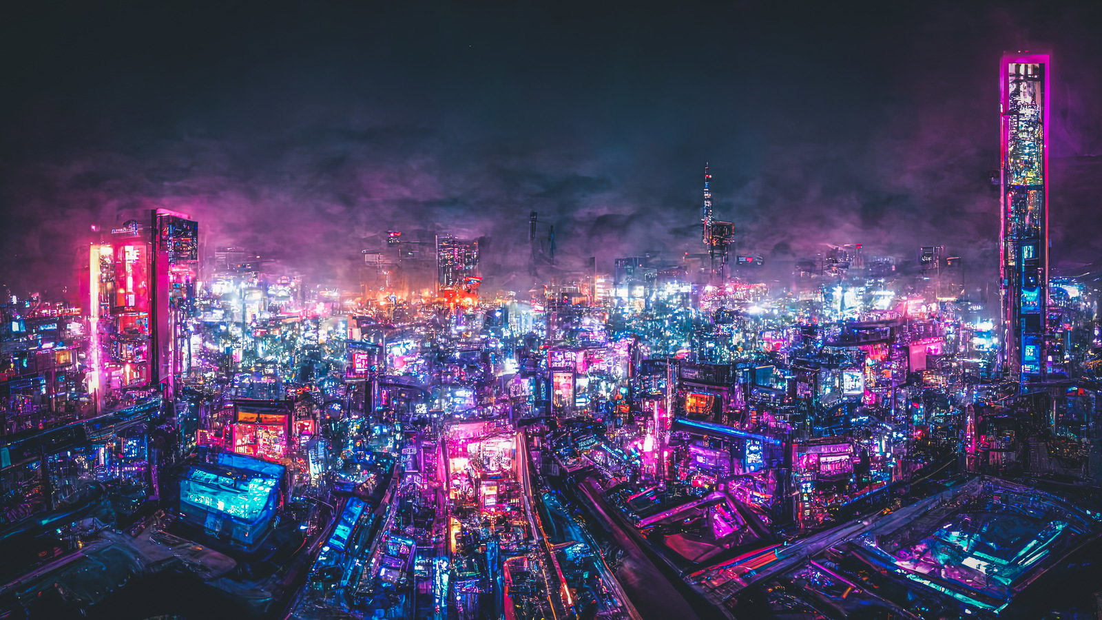 紫とピンクのネオンで照らされたサイバーパンク風の未来都市景観