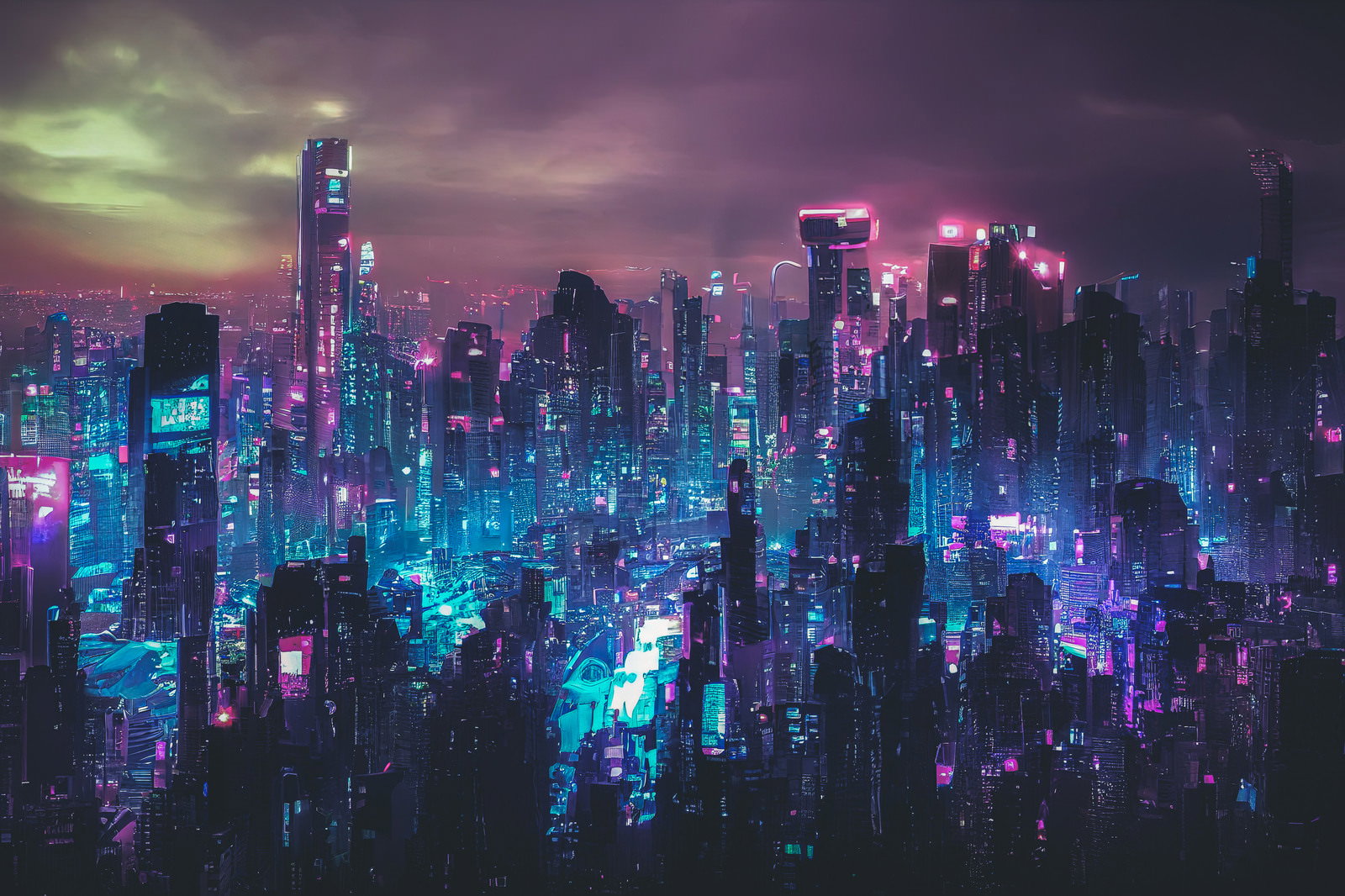 紫とブルーのネオンに照らされた近未来風の高層ビル群の夜景