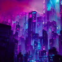 サイバーシティの高層ビル群（ネオン夜景）の写真