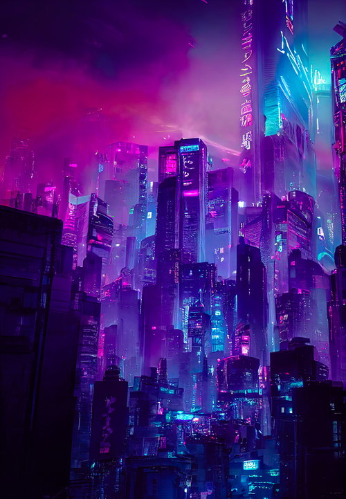 サイバーシティの高層ビル群（ネオン夜景）