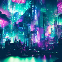 港沿いのサイバーシティ、ネオンに彩られた近未来の都市の写真