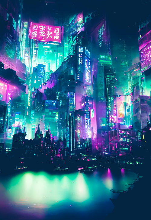港沿いのサイバーシティ、ネオンに彩られた近未来の都市