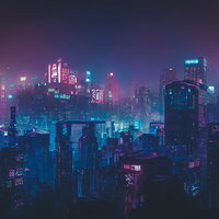 ネオンの明かりと夜の都市の近未来風景：サイバーパンクの写真