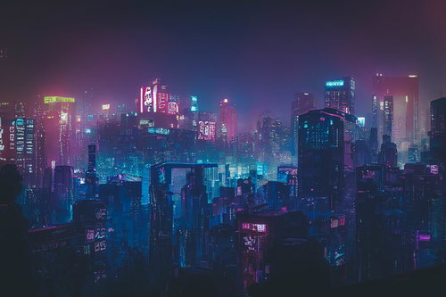 ネオンの明かりと夜の都市の近未来風景：サイバーパンク