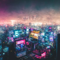 ネオンに照らされた近未来の都会夜景：サイバーパンク風の写真